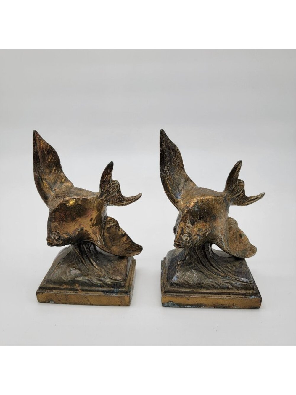 Vintage Ray E Dodge Art Deco Bronze Angel Fish Bookends Set Of 2 c.1938-1939